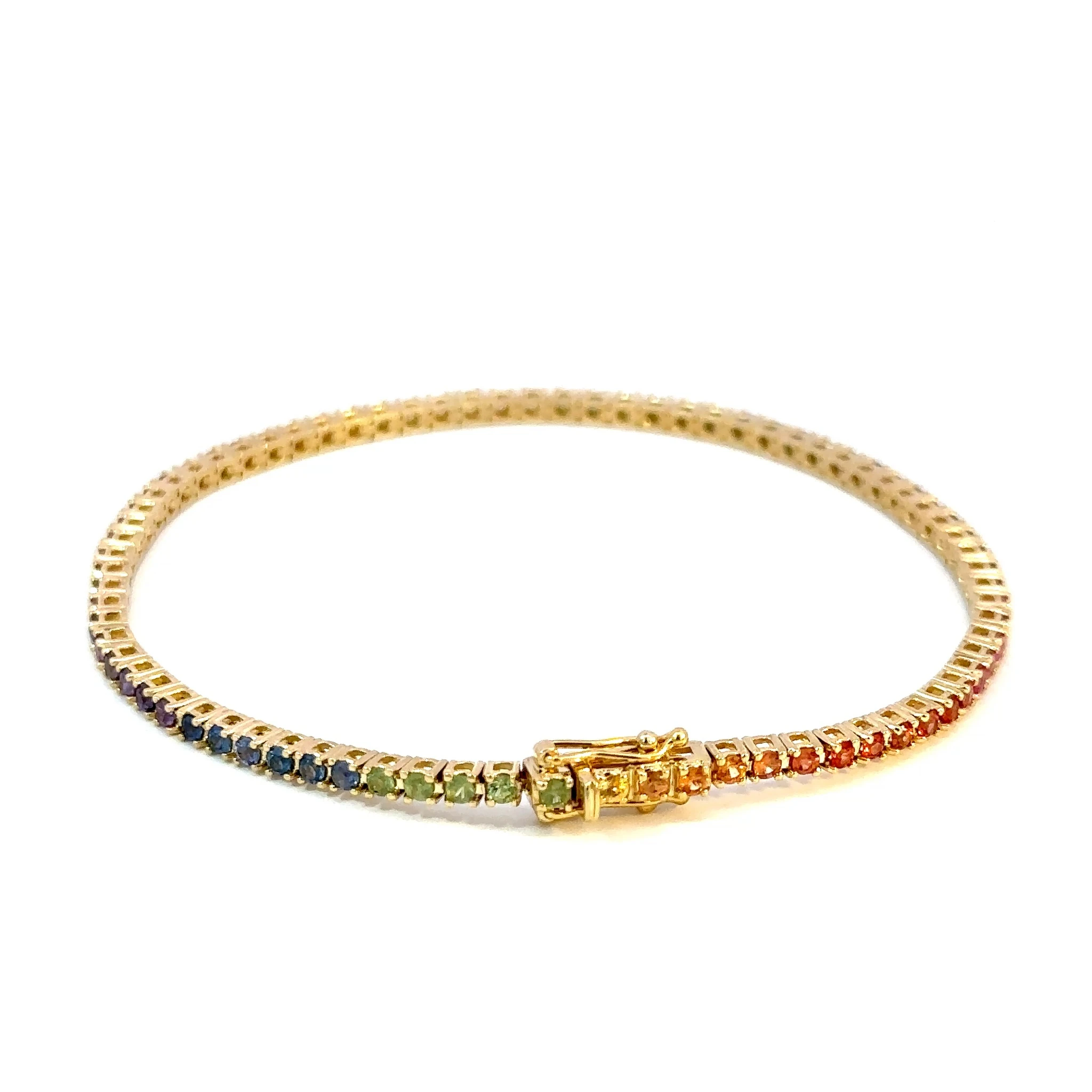 Tenisový náramek s duhovými safíry, 14kt žluté zlato, 2,45 ct