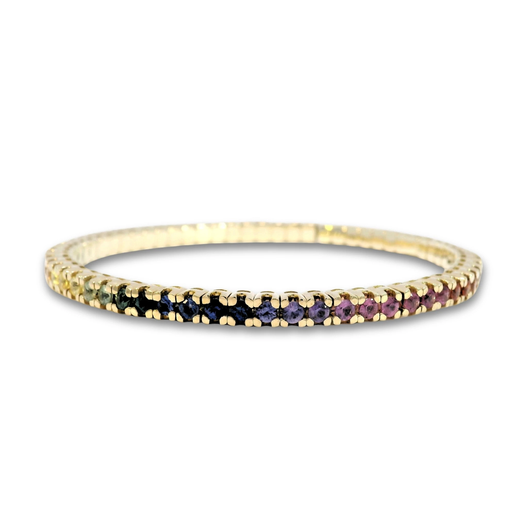 Elastický tenisový náramek s duhovými safíry, 14kt žluté zlato, 5,50 ct