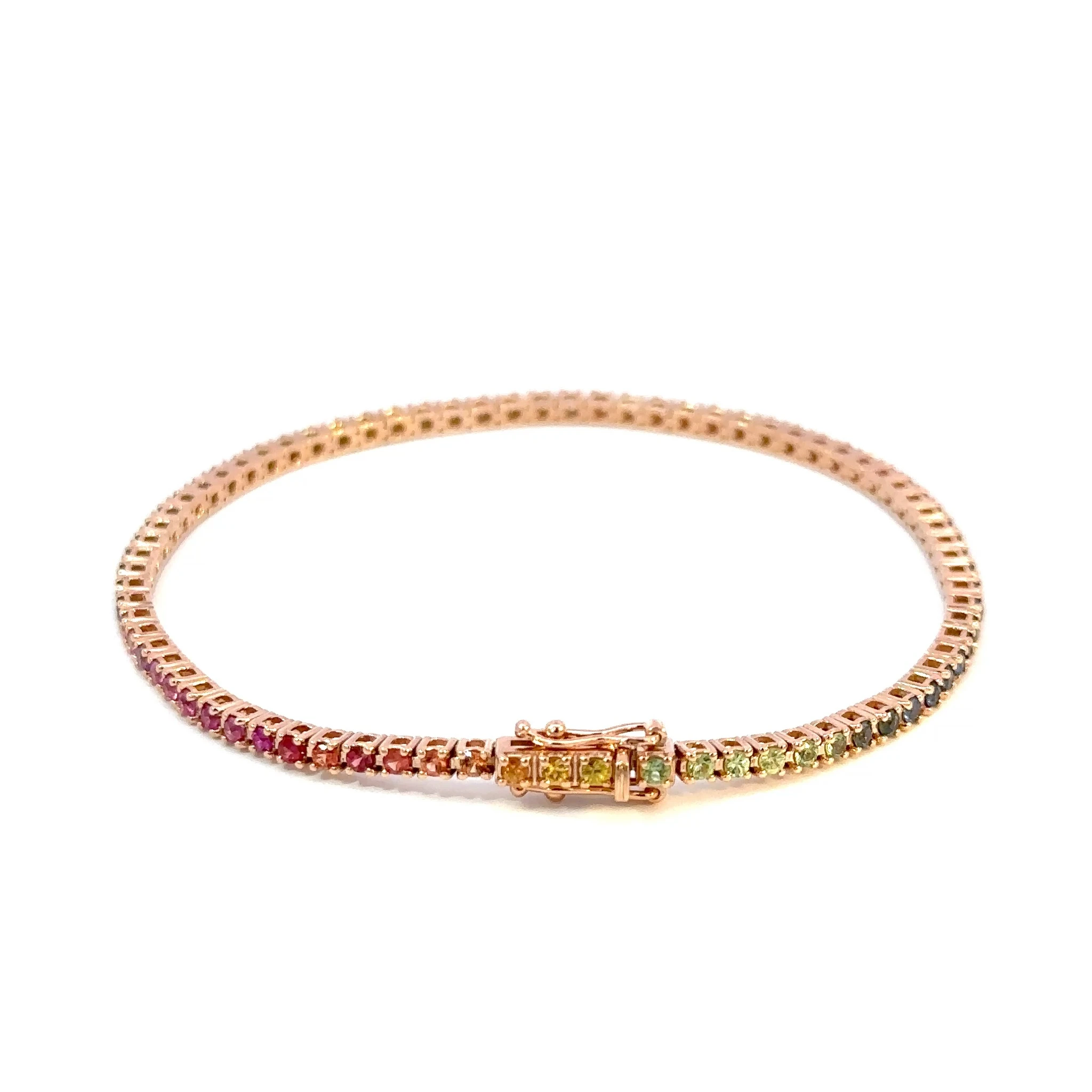 Tenisový náramek s duhovými safíry, 14kt růžové zlato, 2,00 ct